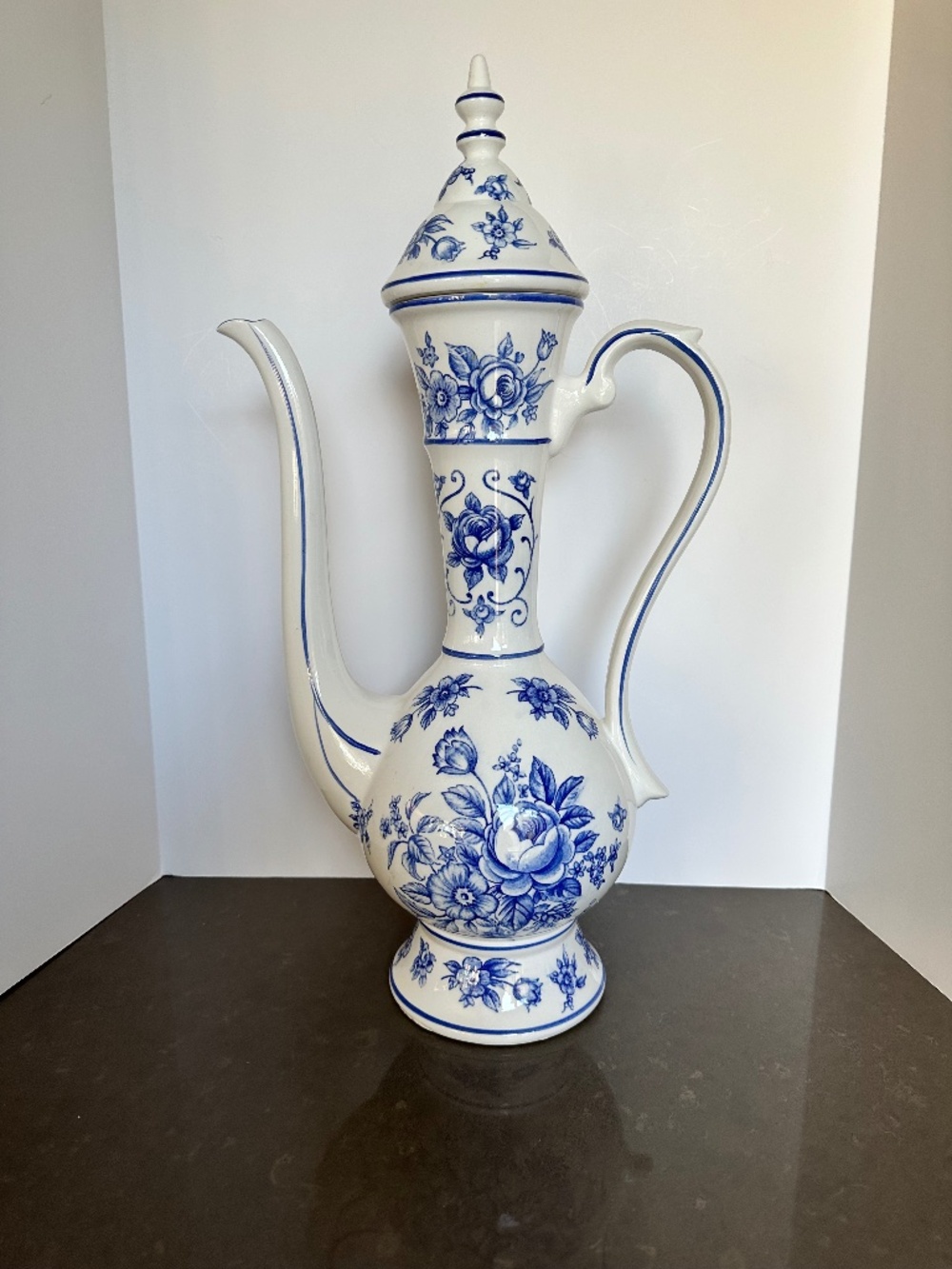 Vintage Norleans Japan Blue & White Floral Tall Teapot/Water Vessel (21 x 11 in)